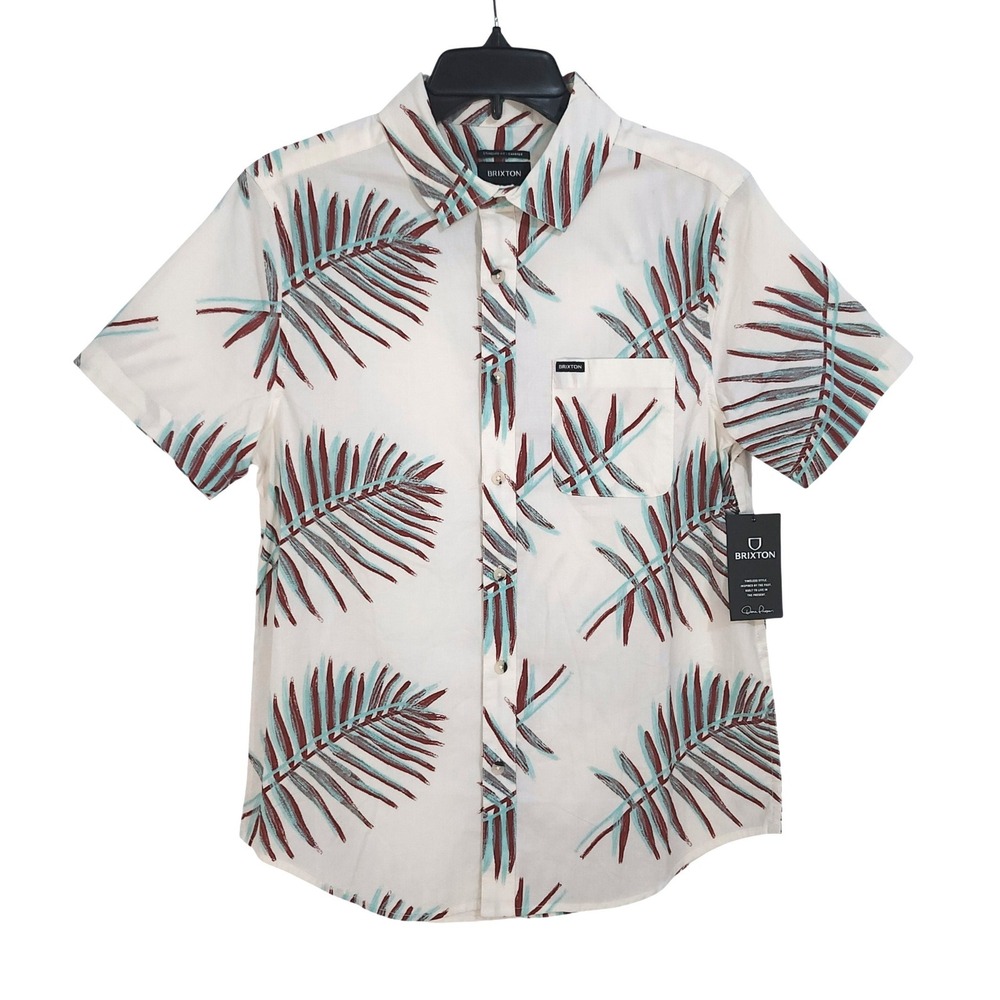 NEW Brixton Charter Print Button Front Shirt Mens Small Off White Palm Leaf
